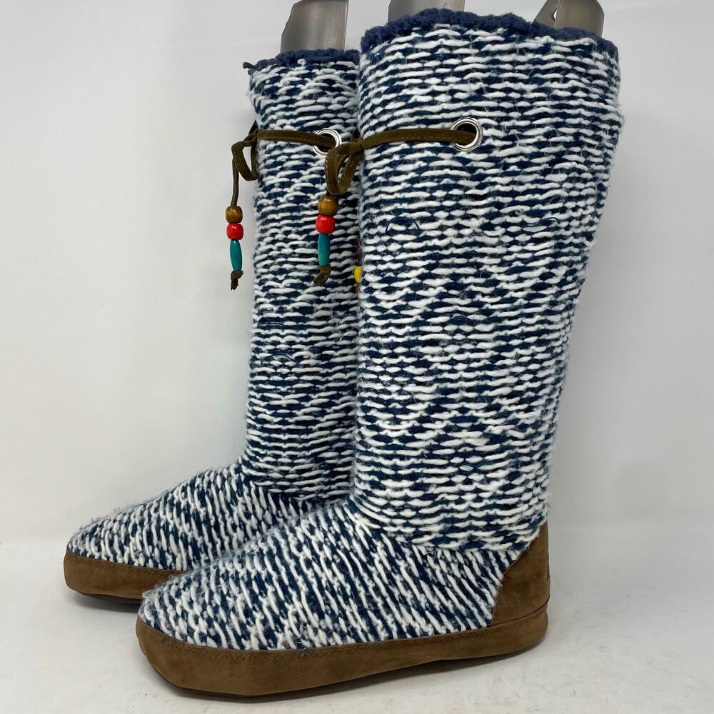 Mukluks Knit Blue & White Tall Ikat Tassel Beaded Boots Womens Size 6.5-7.5